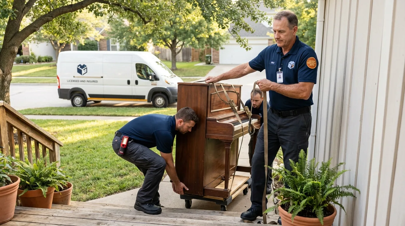 Licensed piano movers securing grand piano in Scottsboro, AL