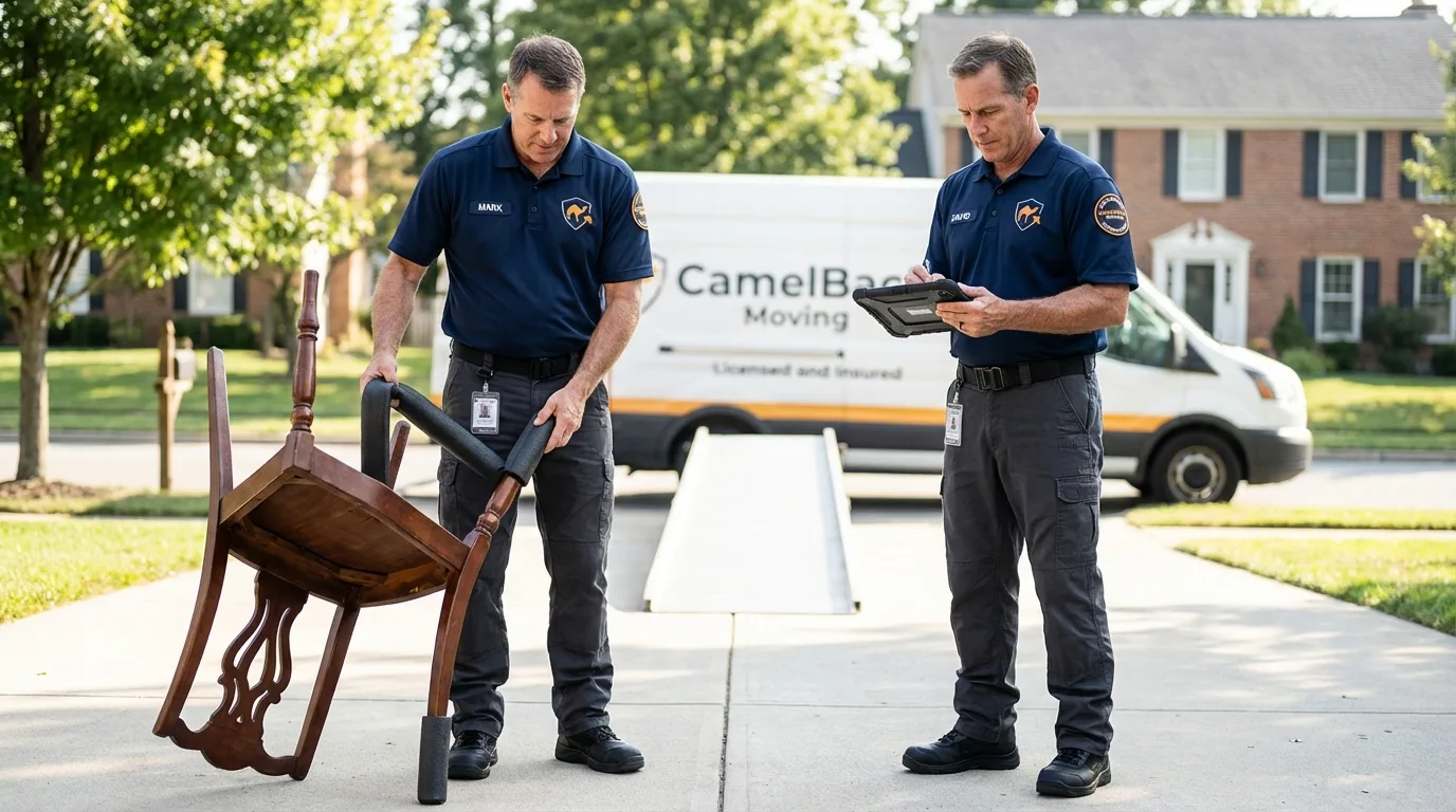 Movers inspecting furniture for damage prevention before loading in Scottsboro, AL