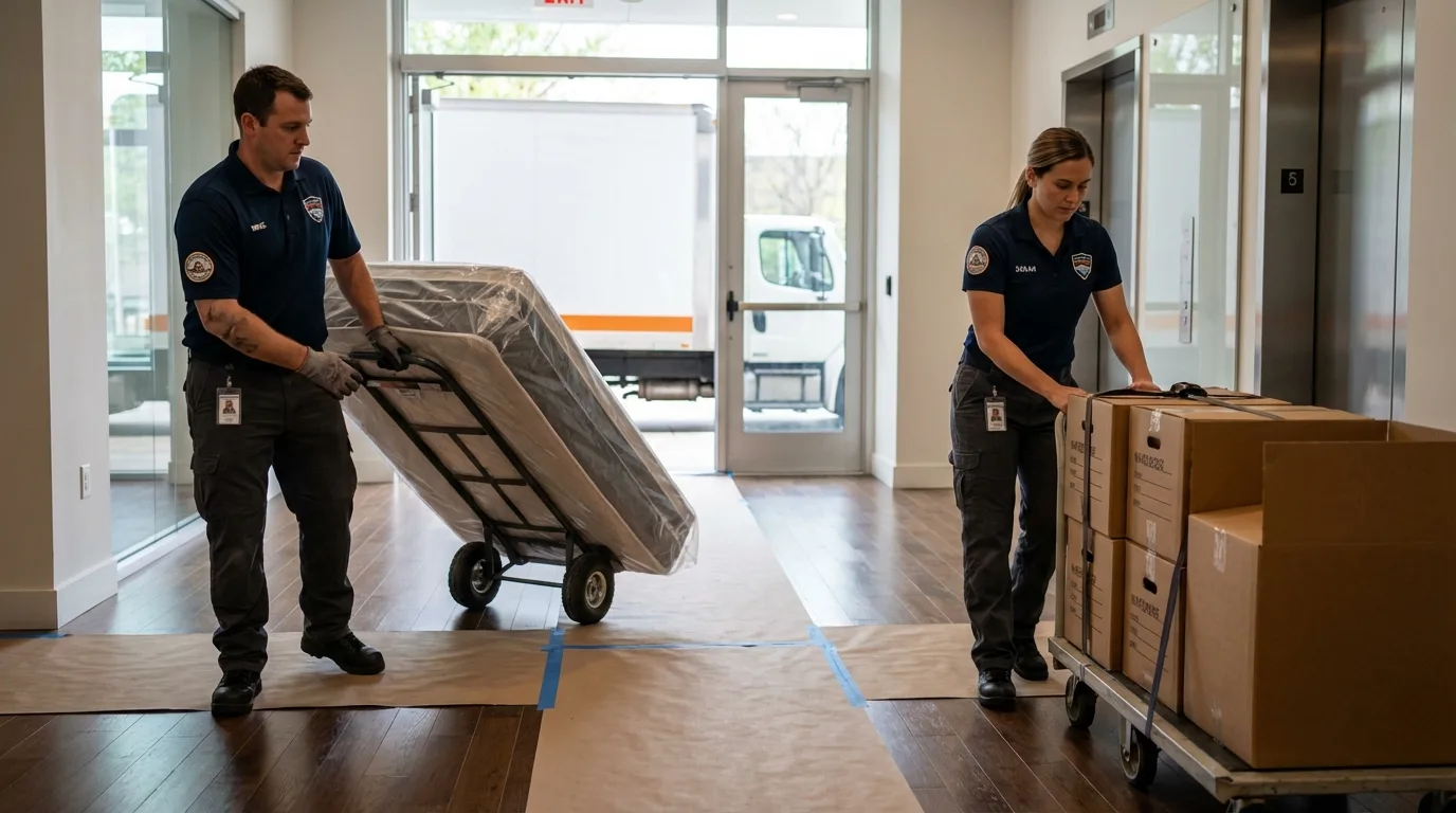 Professional apartment movers loading elevator in Scottsboro, AL