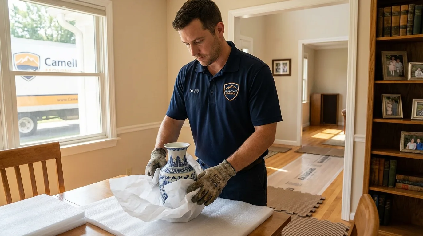 Professional crew carefully wrapping antique vase for senior downsizing move in Scottsboro, AL